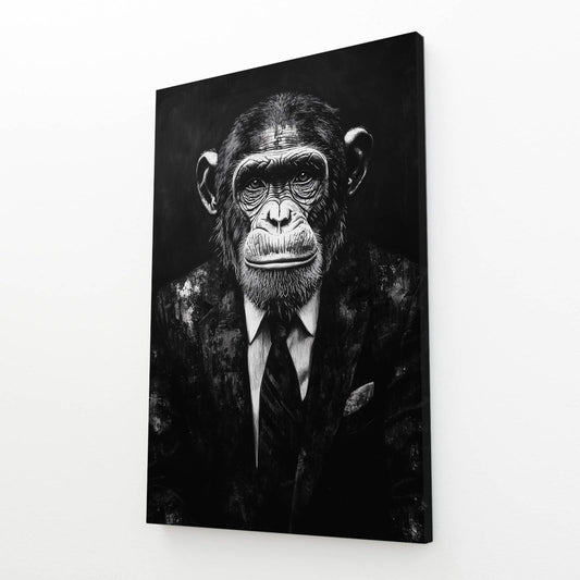 Monochrome Suit Tie Monkey Wall Decor – angled canvas view on white background