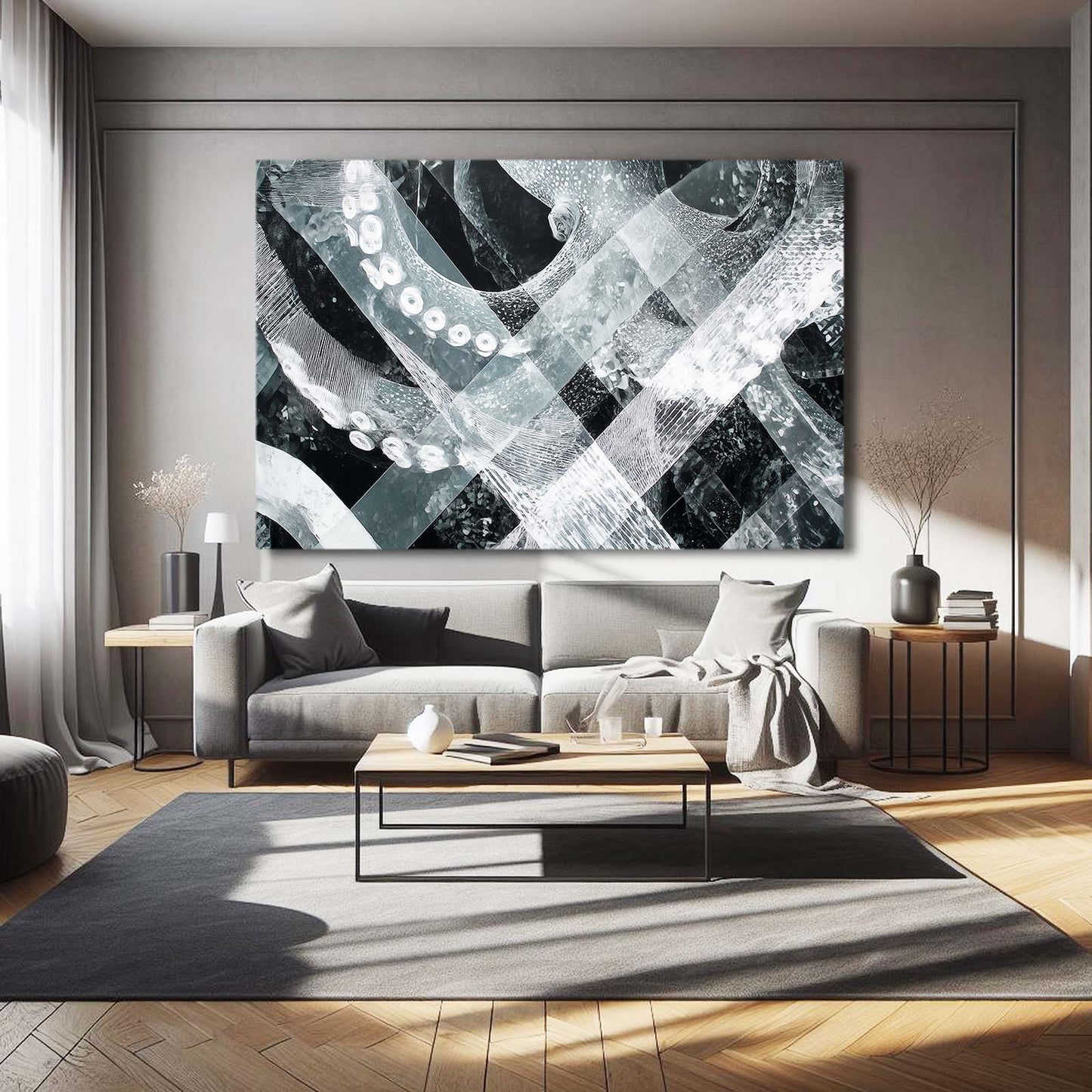 Monochrome Weave Octopus Art – styled in a furnished interior