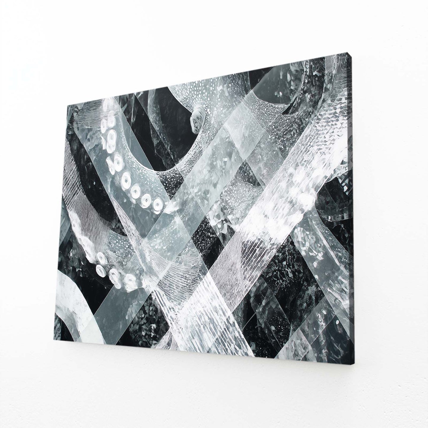 Monochrome Weave Octopus Art – angled canvas view on white background