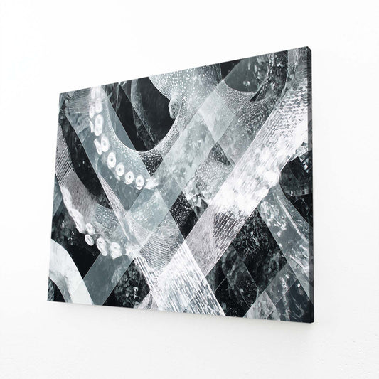 Monochrome Weave Octopus Art – angled canvas view on white background
