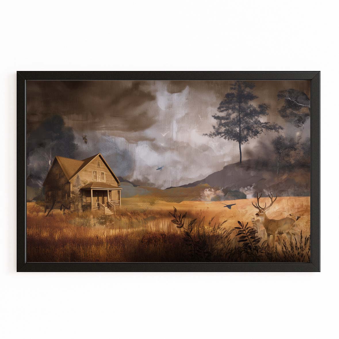 Moody Farmhouse Field Farmhouse Art – with Premium Black frame on white background