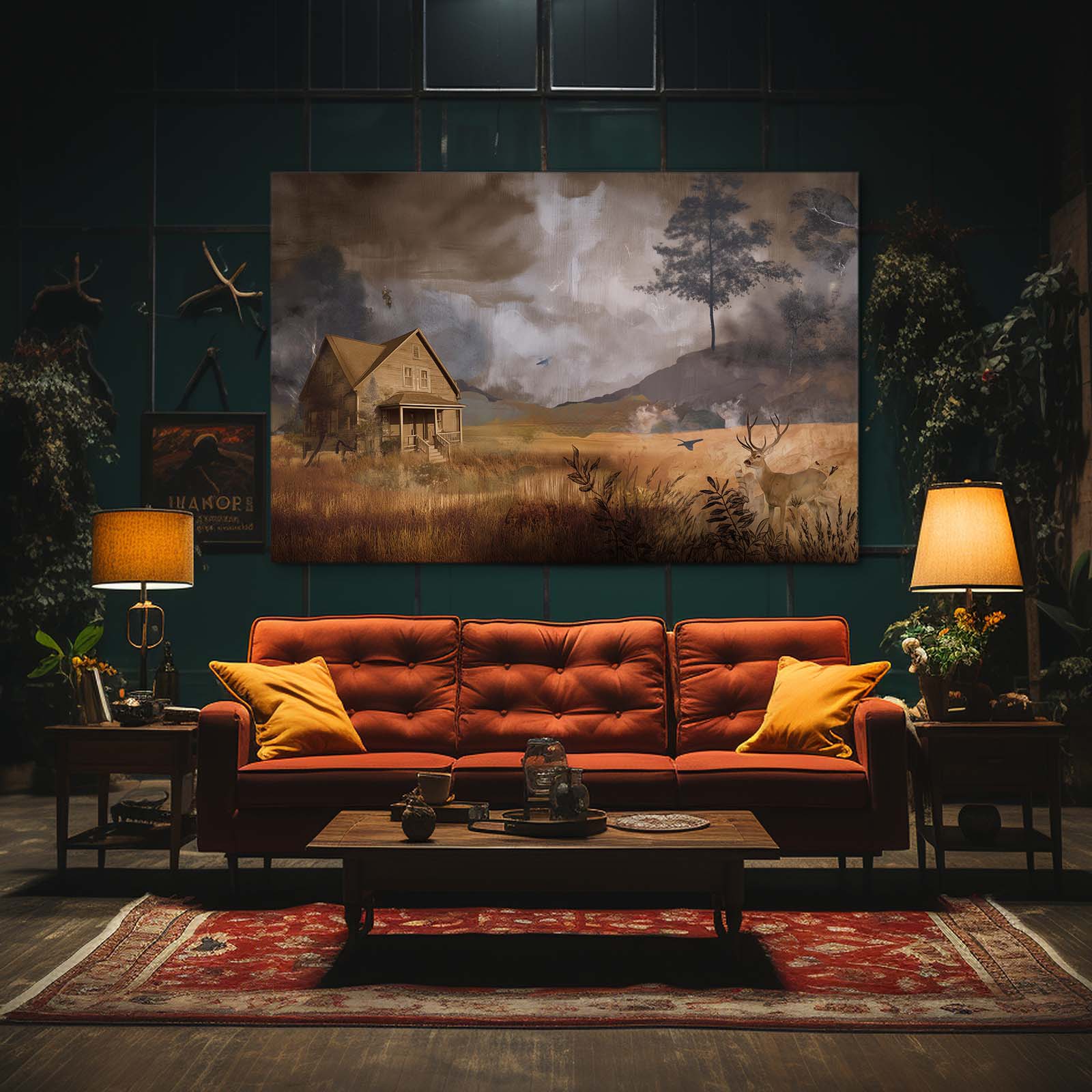Moody Farmhouse Field Farmhouse Art – styled in a furnished interior