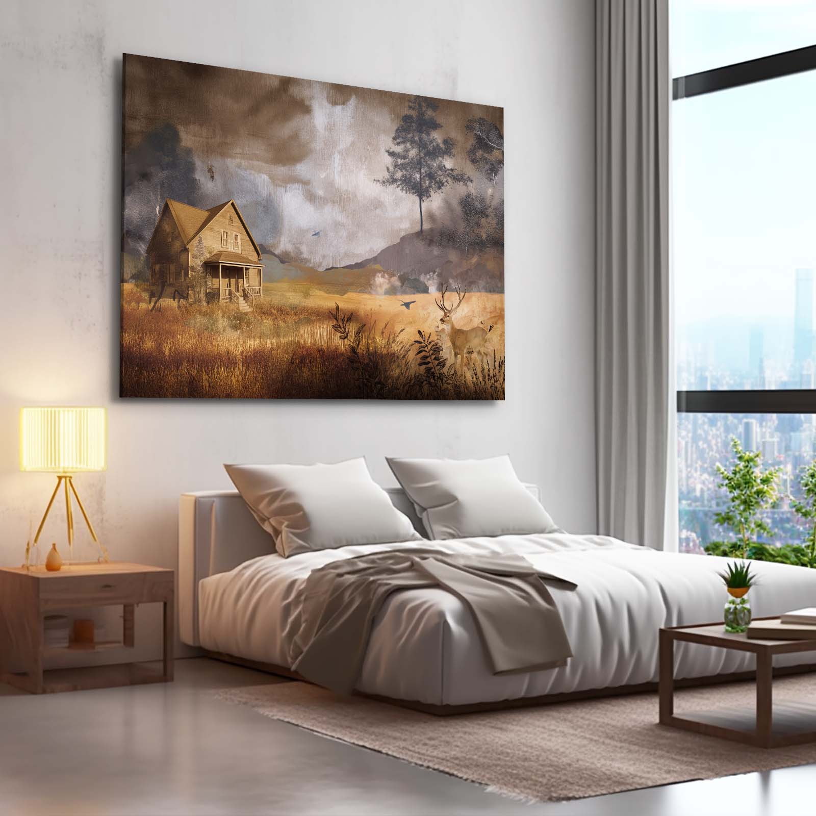 Moody Farmhouse Field Farmhouse Art – styled in a furnished interior