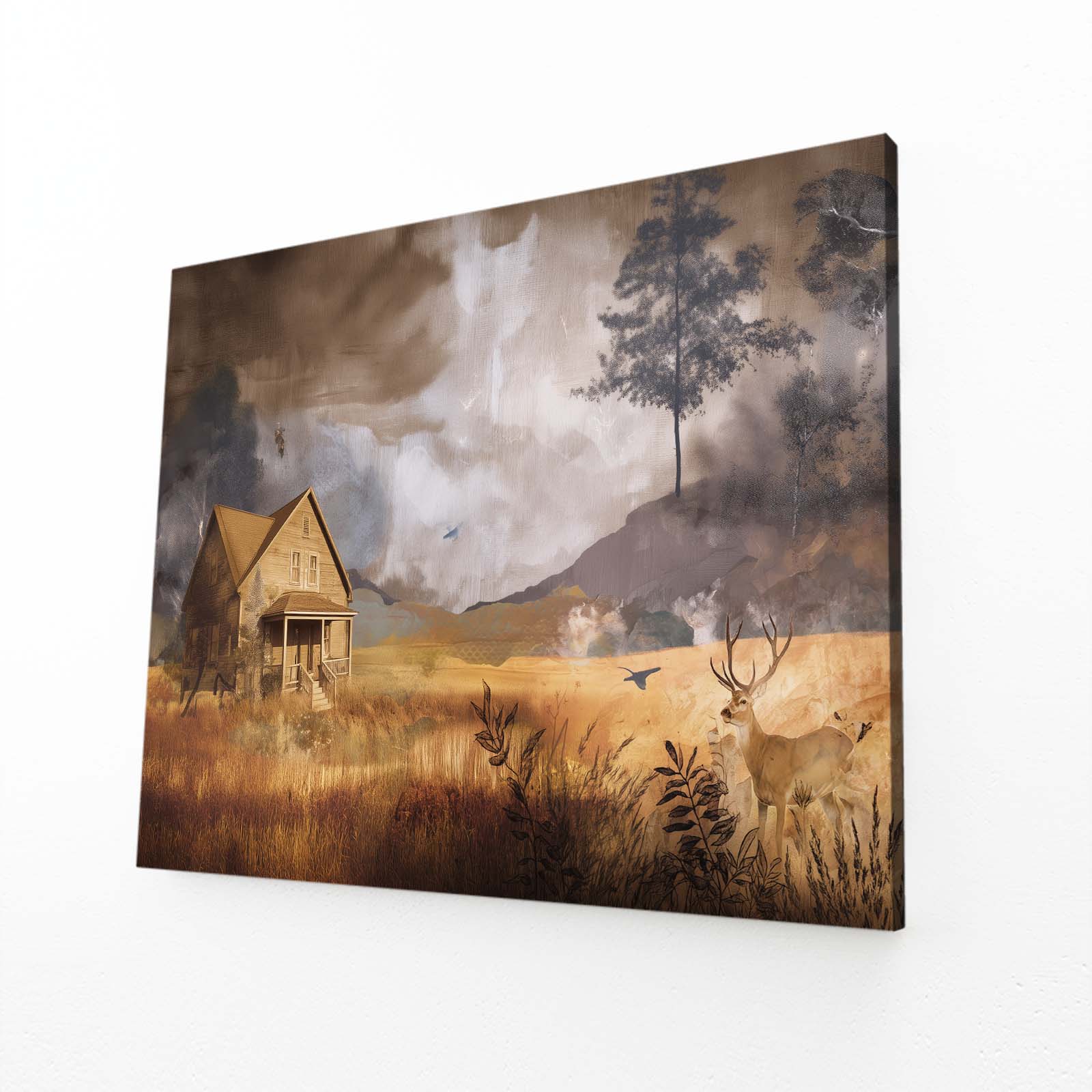 Moody Farmhouse Field Farmhouse Art – angled canvas view on white background