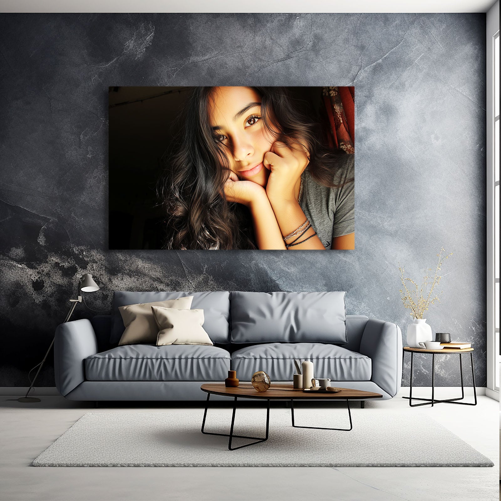 Moody Gray Portrait Photography Art – styled in a furnished interior