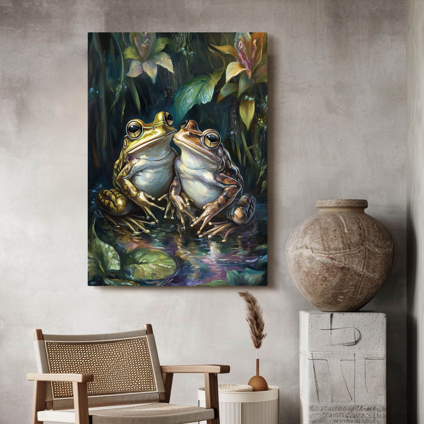 Moody Pond Pair Frog Canvas – styled in a furnished interior