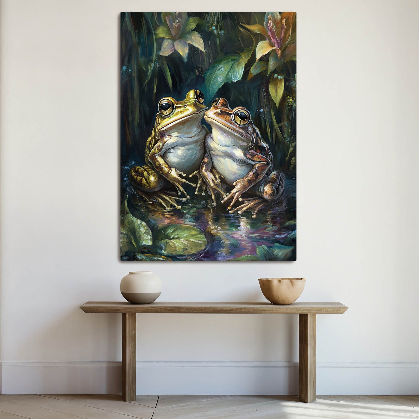 Moody Pond Pair Frog Canvas – styled in a furnished interior
