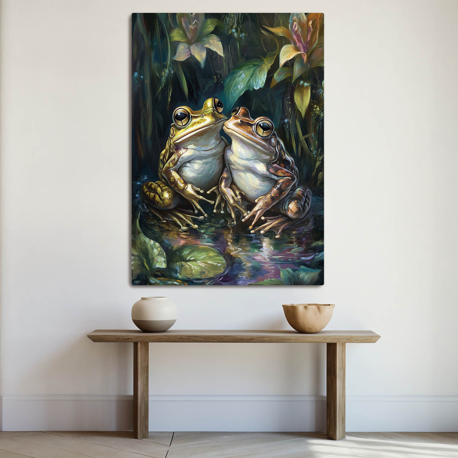 Moody Pond Pair Frog Canvas – styled in a furnished interior
