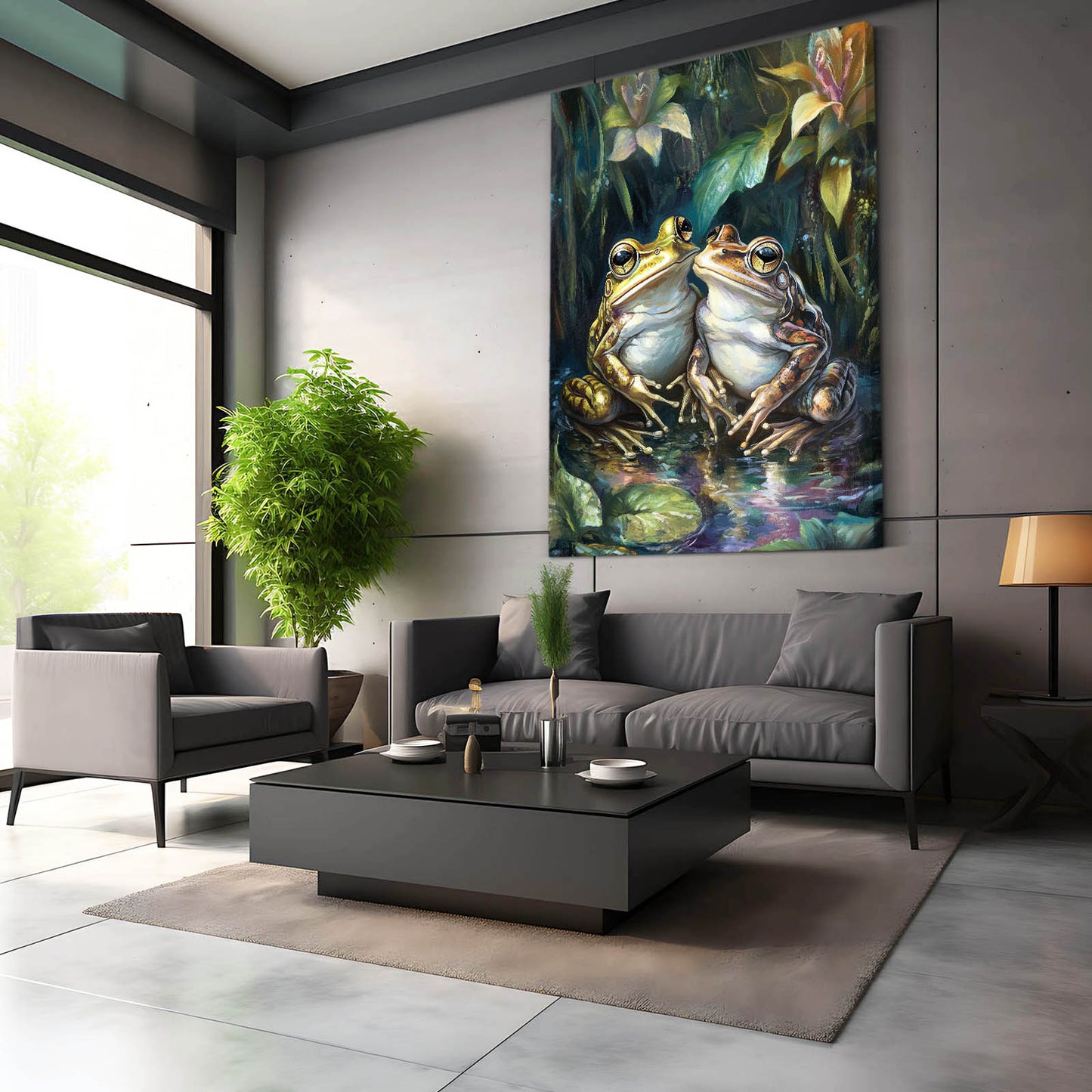 Moody Pond Pair Frog Canvas – styled in a furnished interior