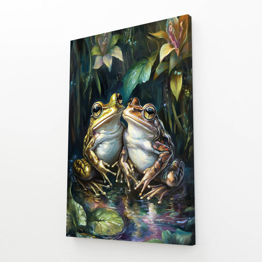 Moody Pond Pair Frog Canvas – angled canvas view on white background