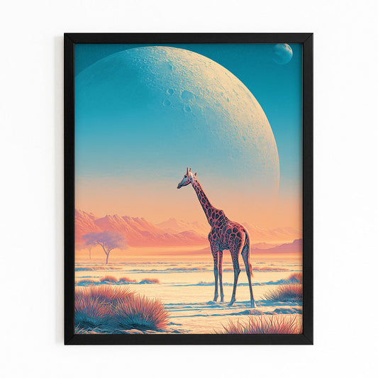 Framed artwork of a giraffe standing on a planet with a large moon in the sky.