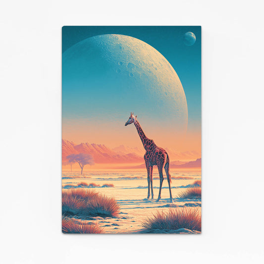 Giraffe standing on a snowy landscape with a large planet in the sky