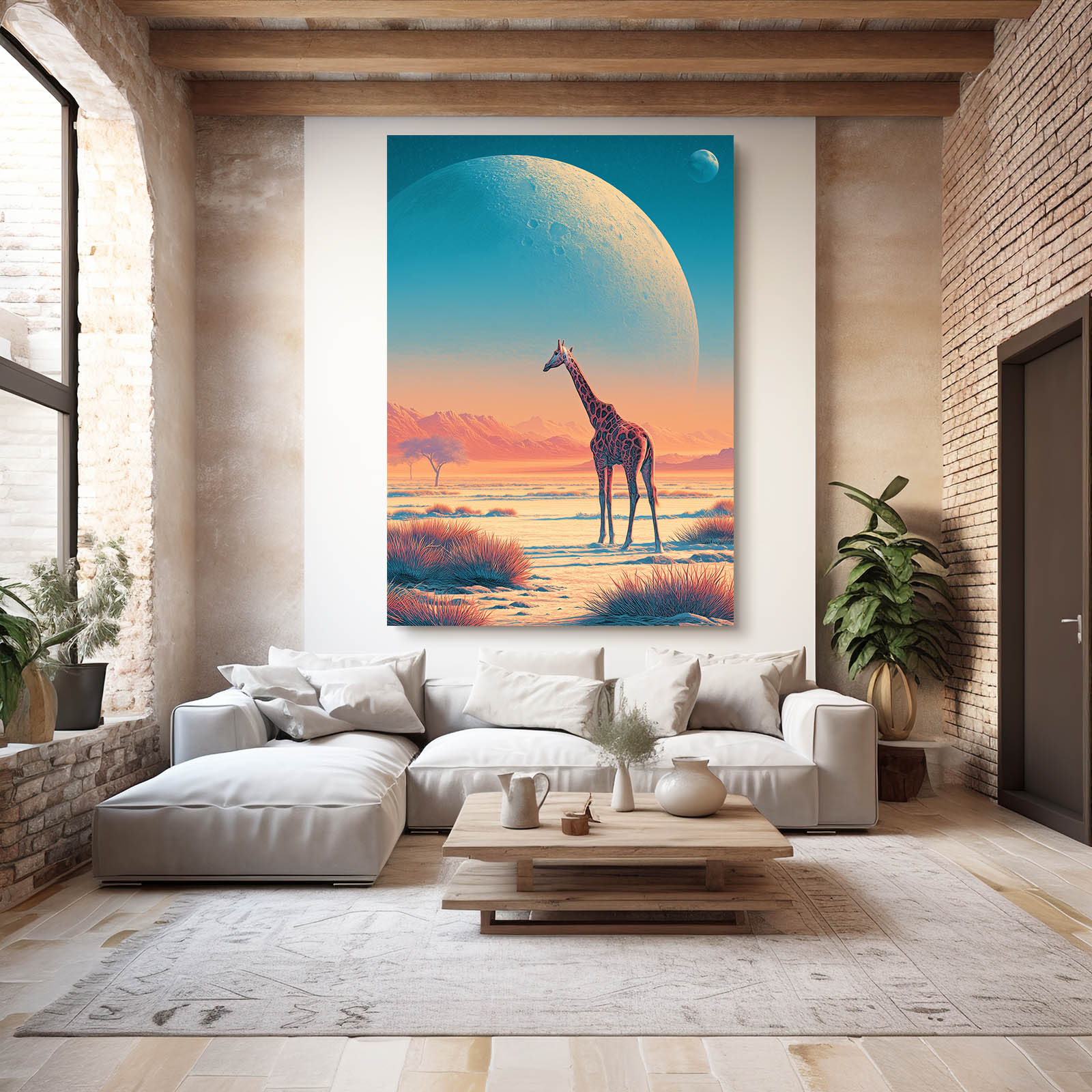 Living room with a large painting of a giraffe and planet on the wall.
