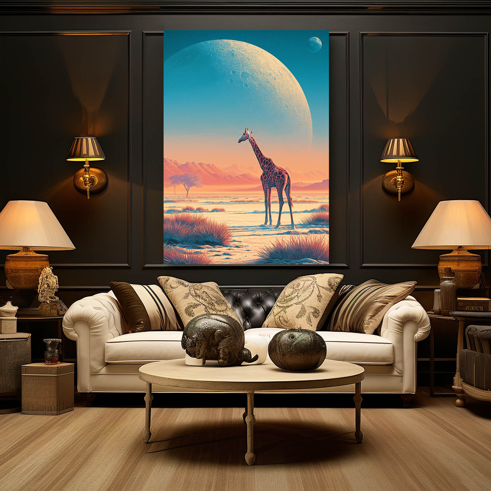 Living room with a large painting of a giraffe on a planet, white sofa, and decorative items.