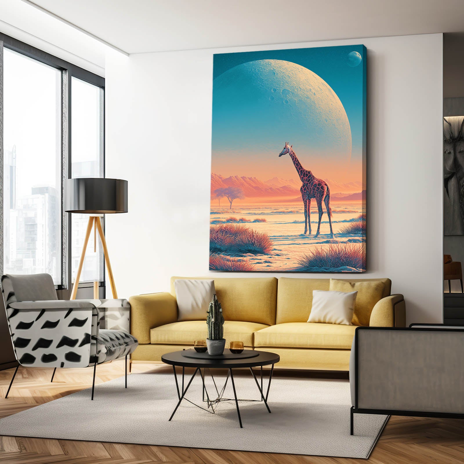 Living room with a large painting of a giraffe on a planet.