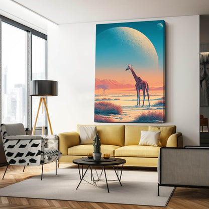 Living room with a large painting of a giraffe on a planet.