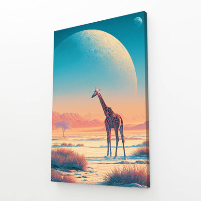 Giraffe standing on a planet with a large moon in the sky