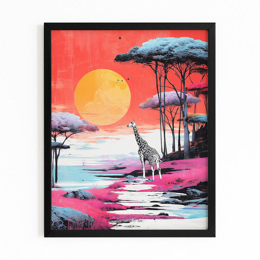 Framed artwork of a giraffe in a colorful landscape with a pink sky and orange sun.
