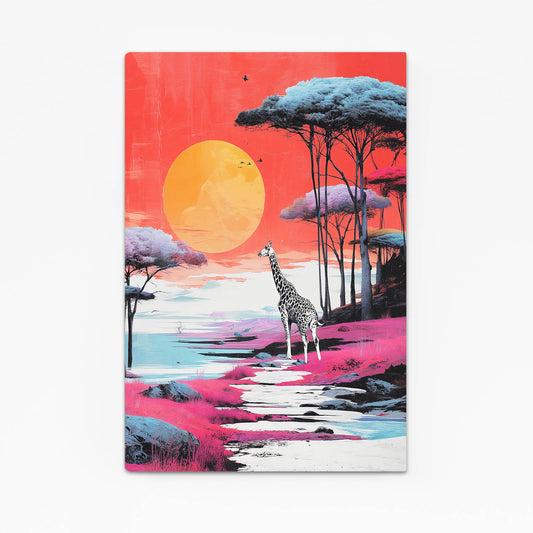 Surreal landscape with a giraffe, trees, and a large orange sun on a pink sky.