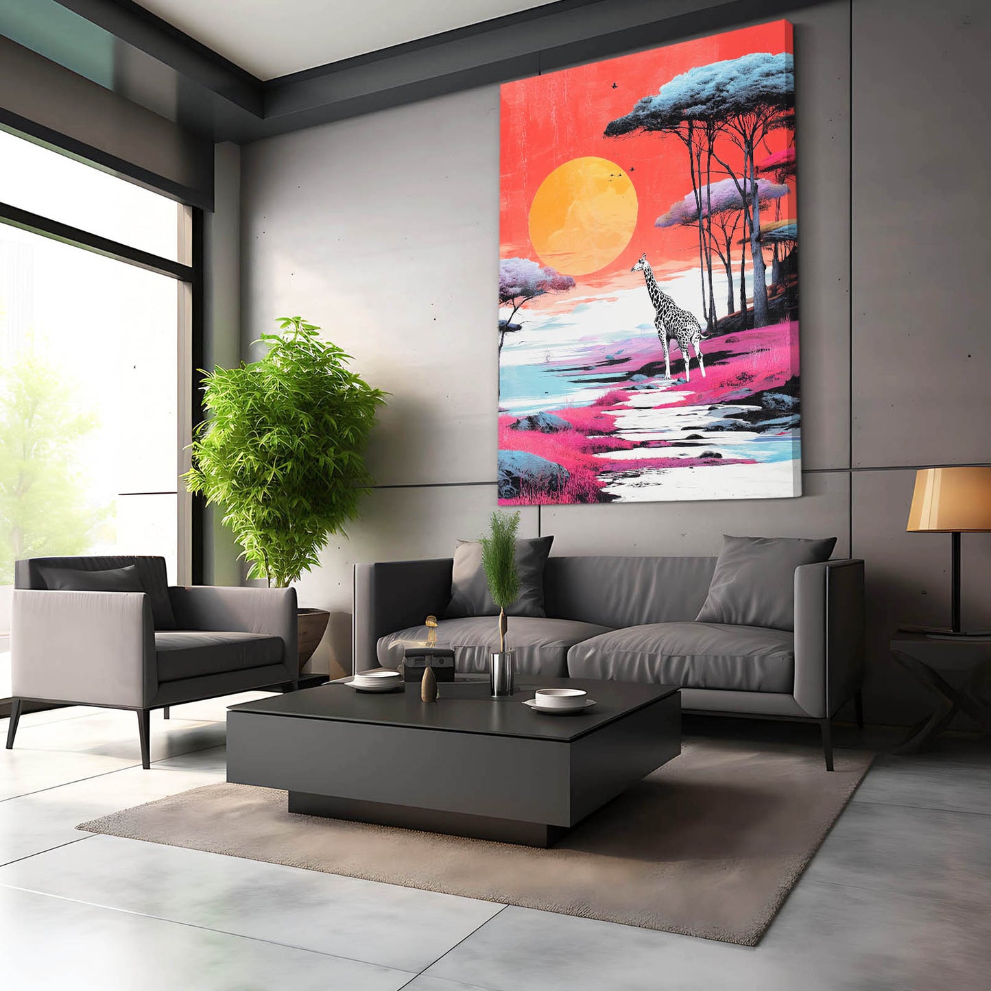 Modern living room with a gray sofa, coffee table, and colorful abstract painting of a giraffe.