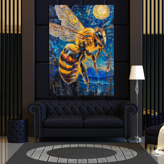Moonlight Bee Art — 3d canvas print in blue tones, view 3