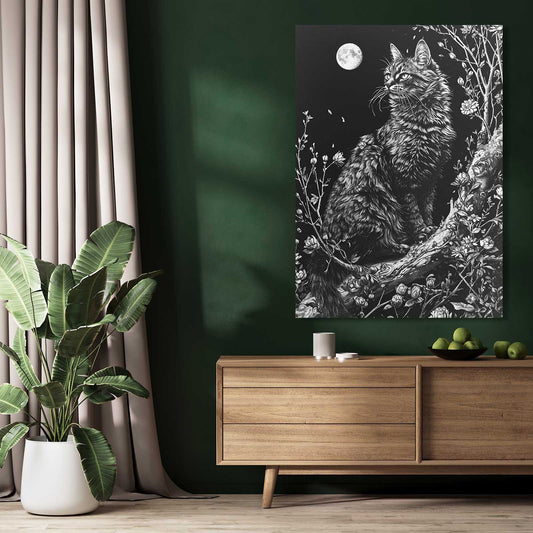 Moonlight Cat Art — black and white canvas print in gray tones, view 3