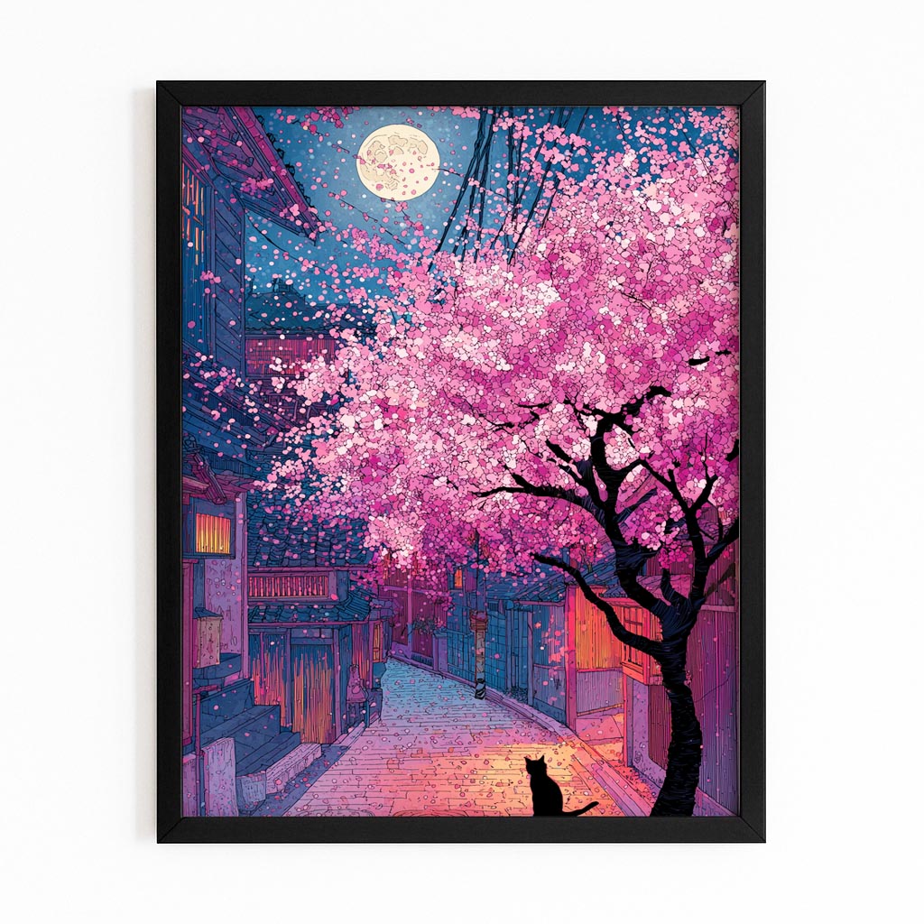 Moonlit Alley Cherry Blossom Prints – with Premium Black frame on white background