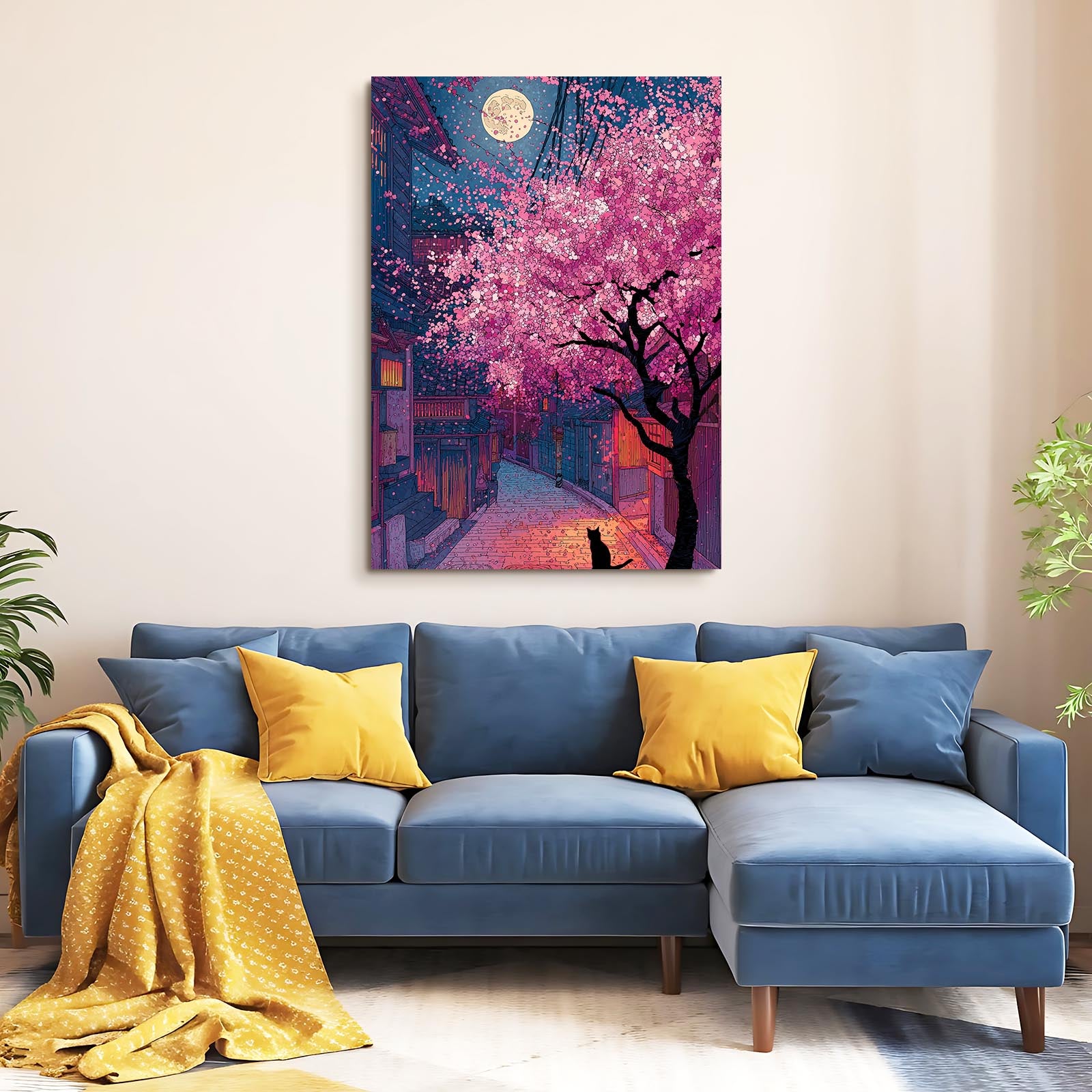 Moonlit Alley Cherry Blossom Prints – styled in a furnished interior