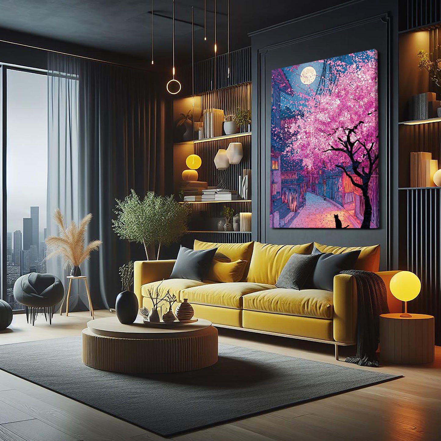 Moonlit Alley Cherry Blossom Prints – styled in a furnished interior