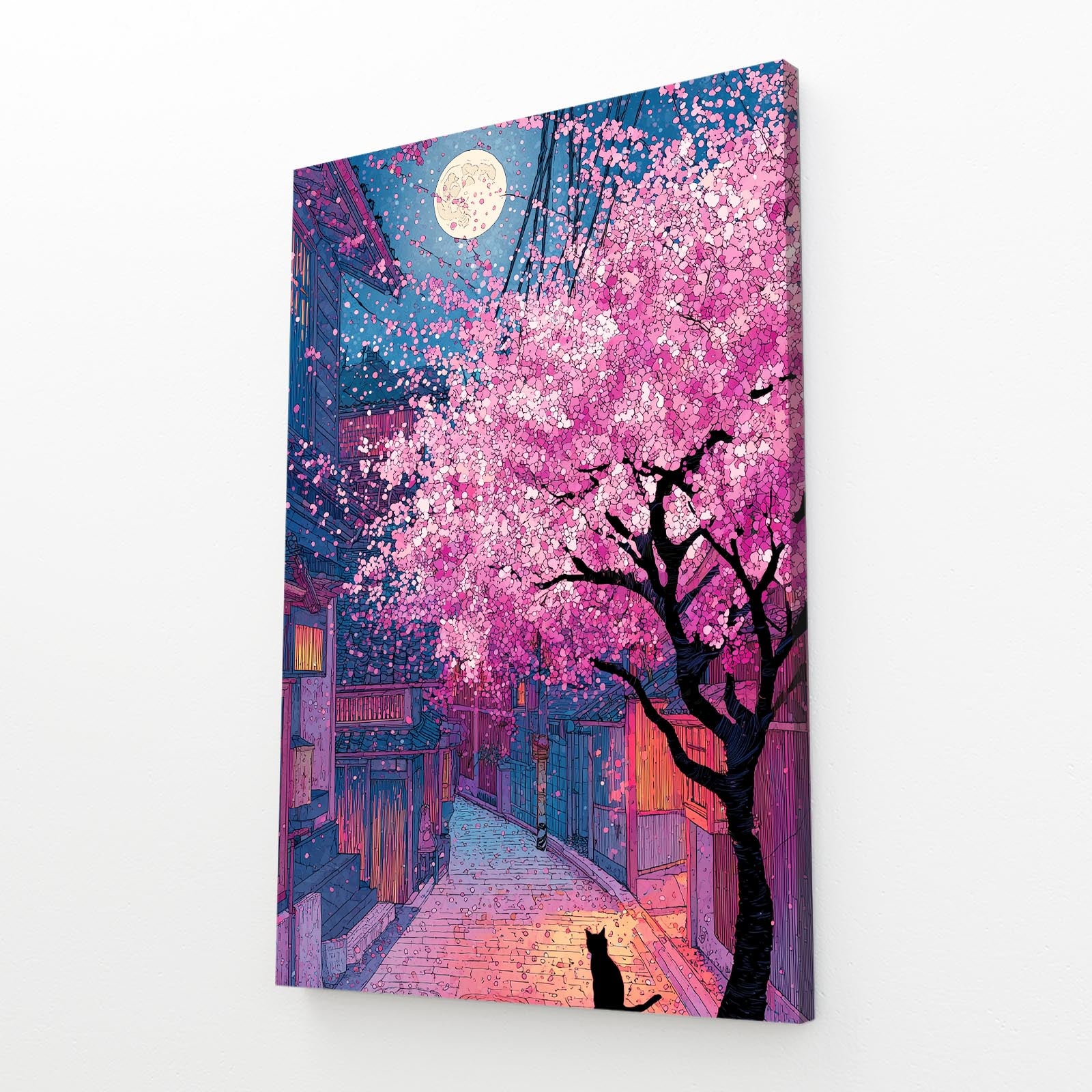 Moonlit Alley Cherry Blossom Prints – angled canvas view on white background