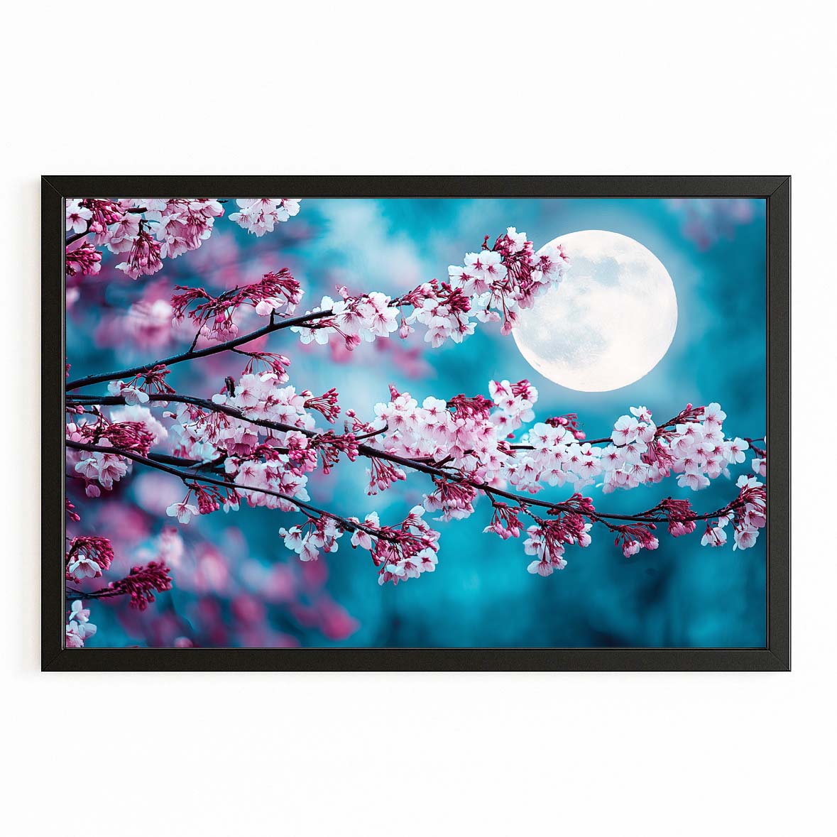 Moonlit Branch Cherry Blossom Wall Decor – with Premium Black frame on white background