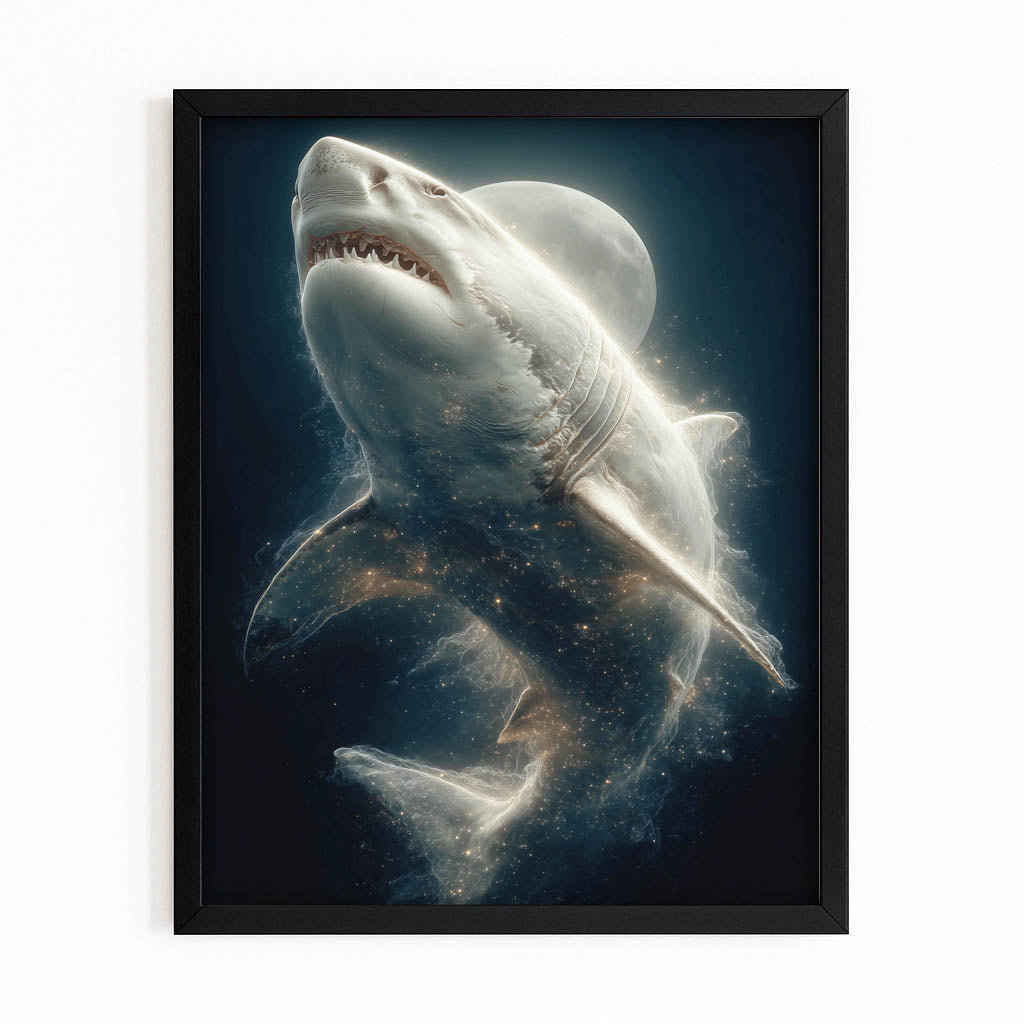 Moonlit Depths Shark Art – with Premium Black frame on white background