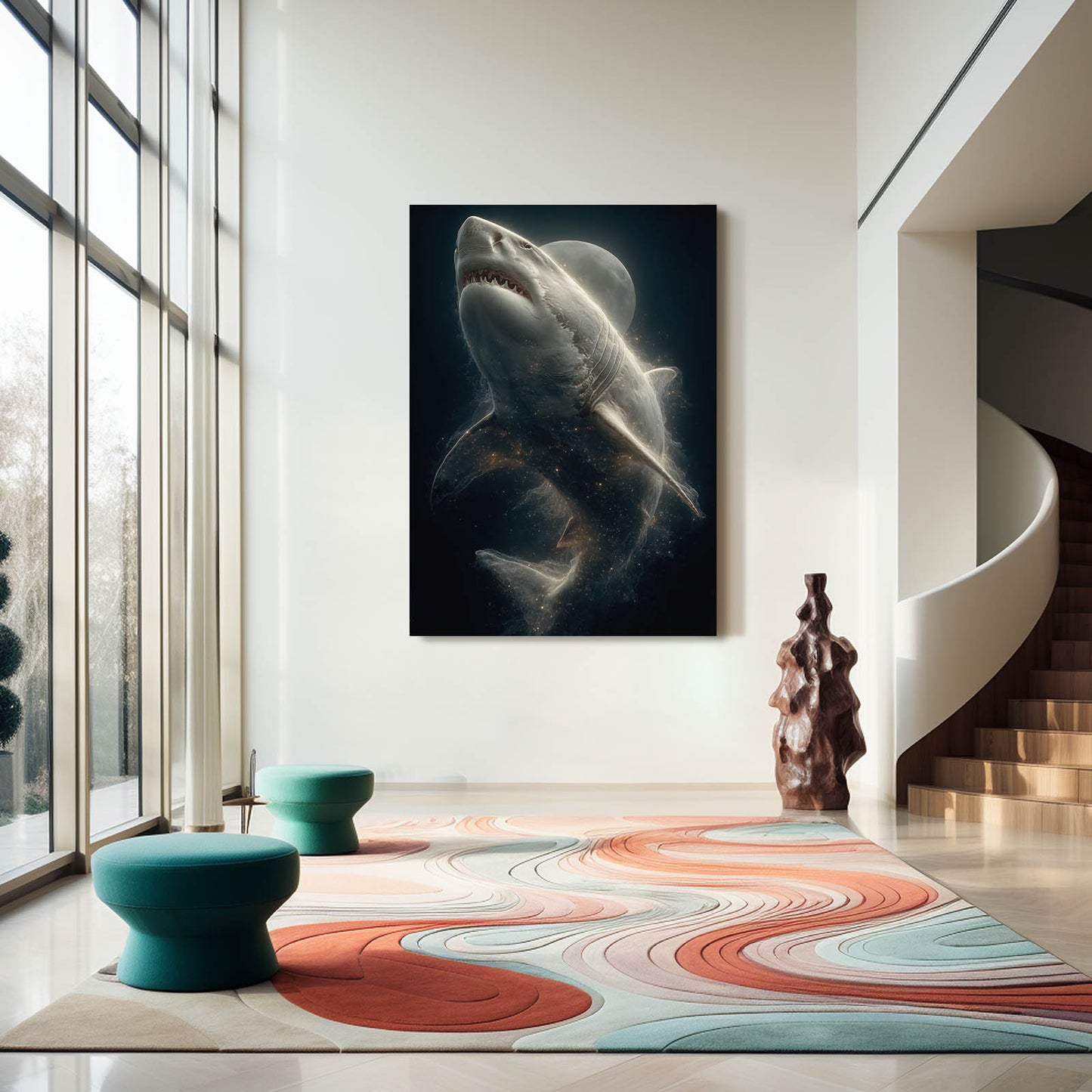 Moonlit Depths Shark Art – styled in a furnished interior