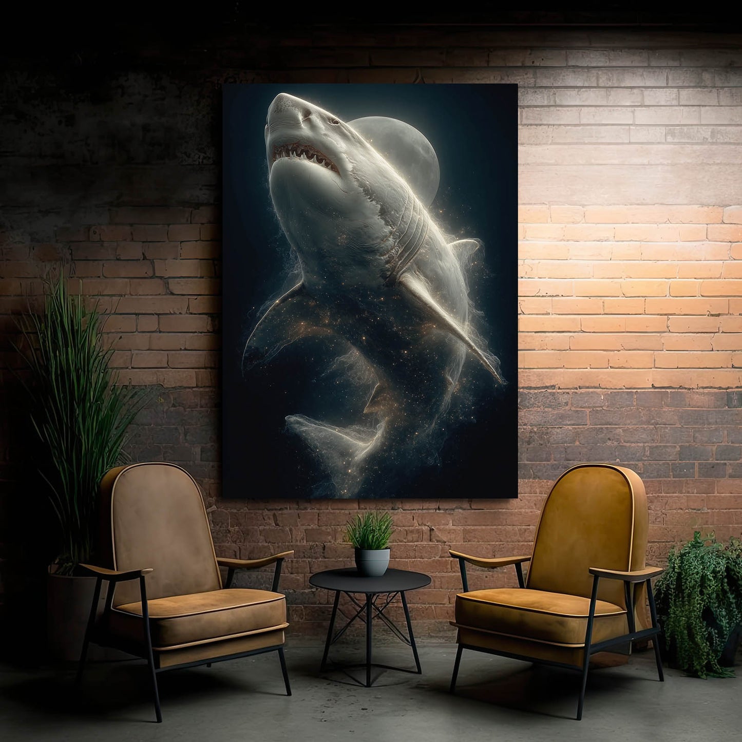 Moonlit Depths Shark Art – styled in a furnished interior