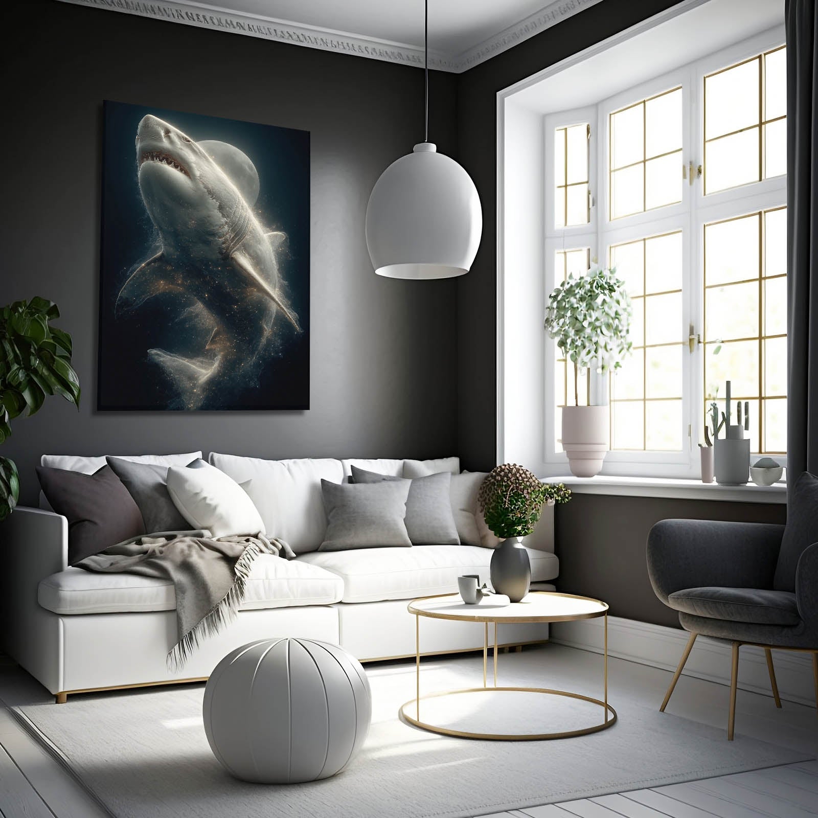 Moonlit Depths Shark Art – styled in a furnished interior