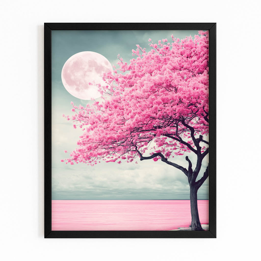 Moonlit Lone Tree Cherry Blossom Canvas – with Premium Black frame on white background