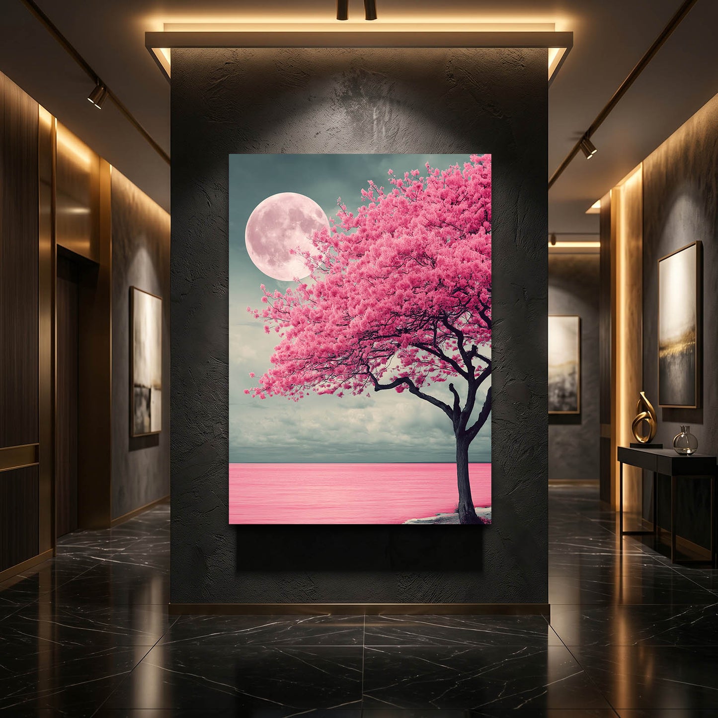 Moonlit Lone Tree Cherry Blossom Canvas – styled in a furnished interior