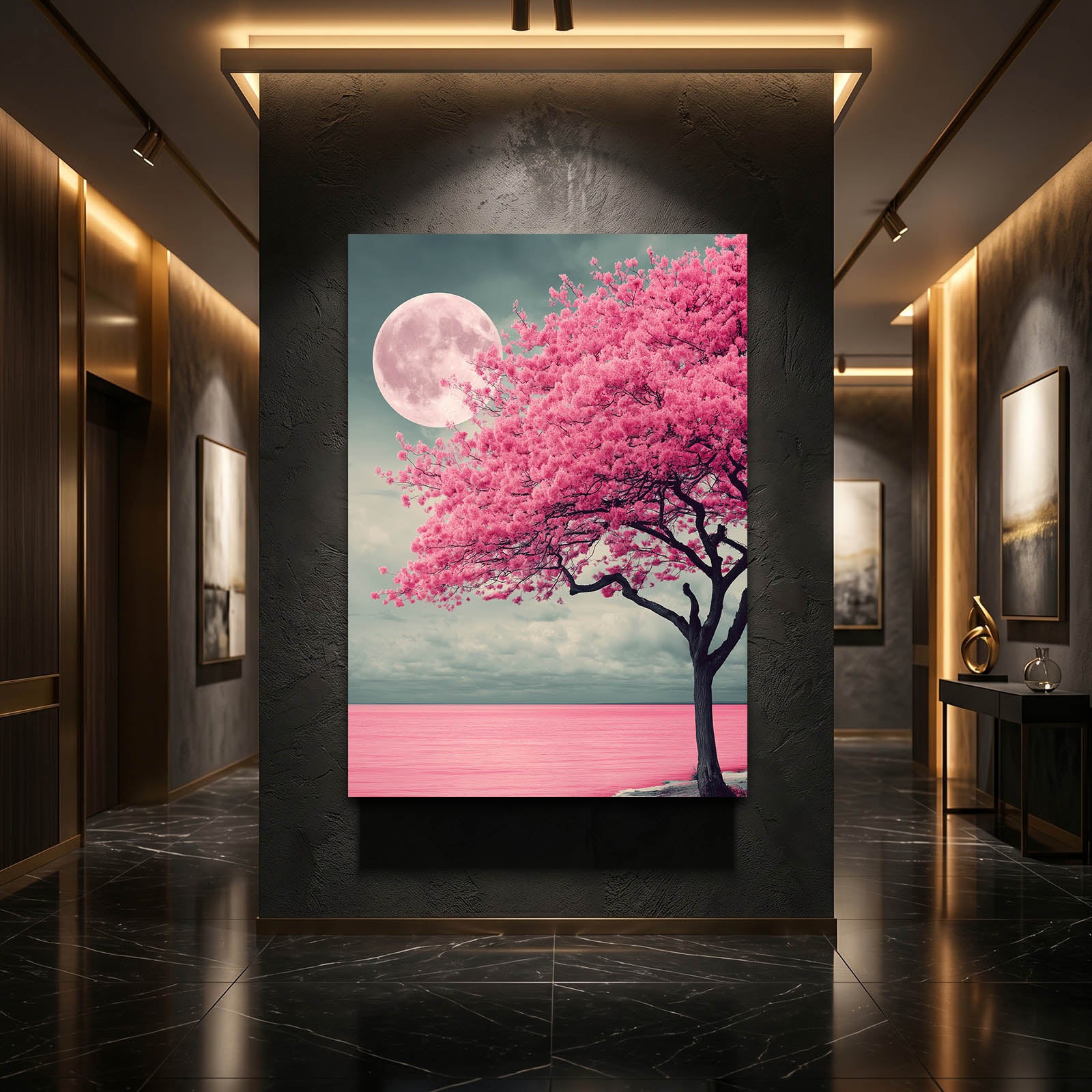 Moonlit Lone Tree Cherry Blossom Canvas – styled in a furnished interior
