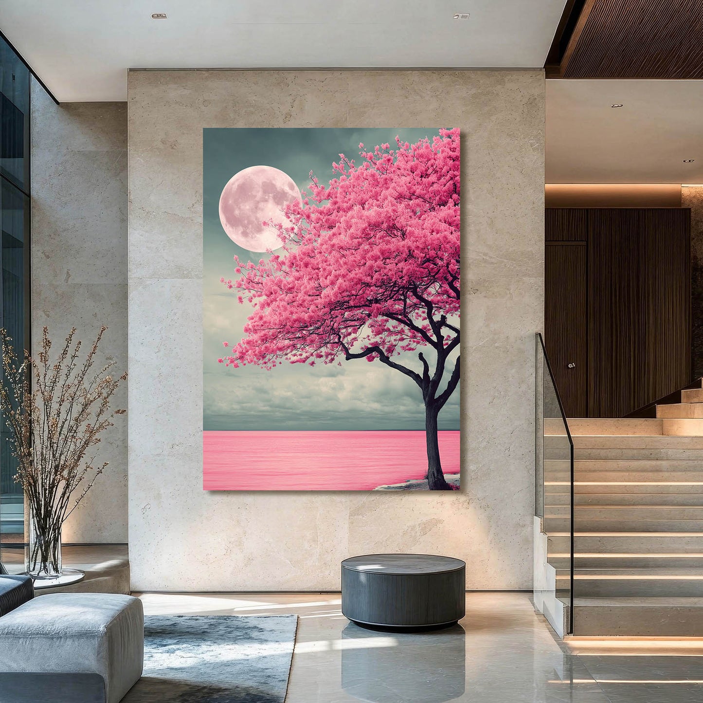 Moonlit Lone Tree Cherry Blossom Canvas – styled in a furnished interior