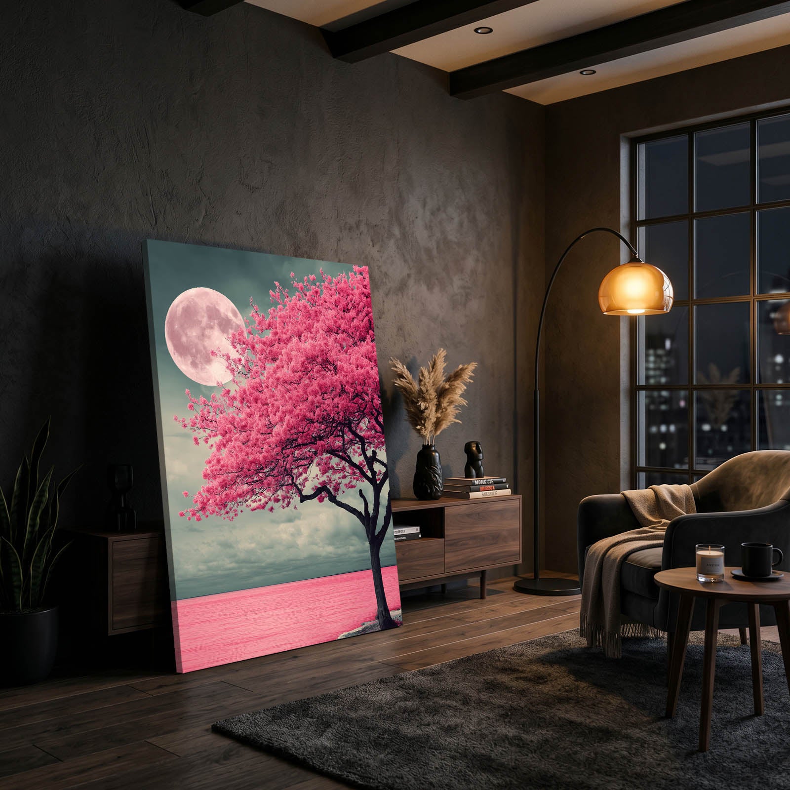 Moonlit Lone Tree Cherry Blossom Canvas – styled in a furnished interior