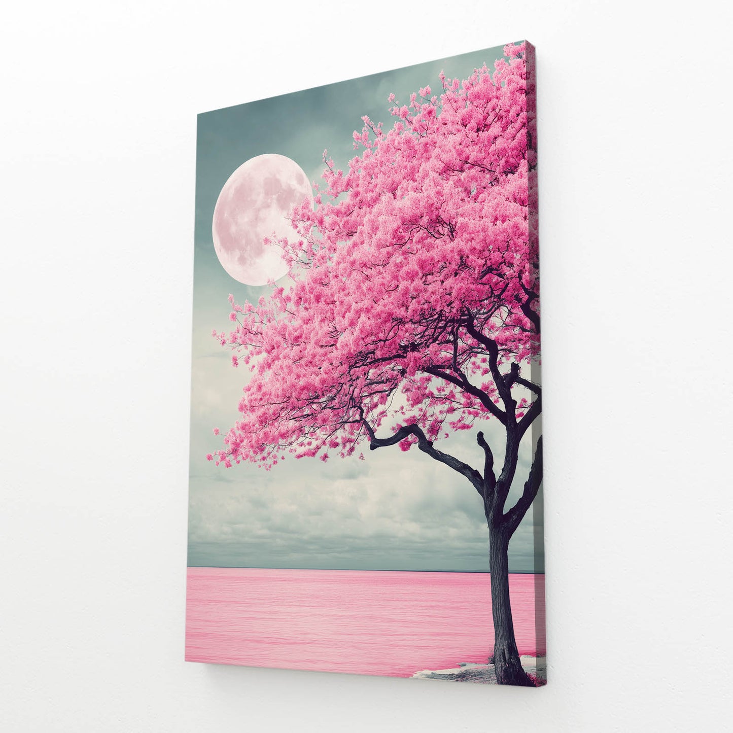 Moonlit Lone Tree Cherry Blossom Canvas – angled canvas view on white background
