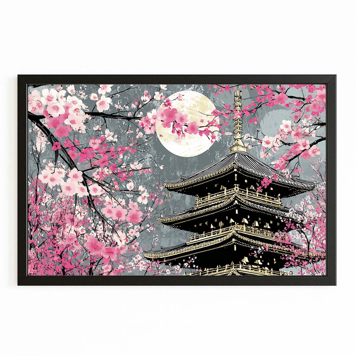 Moonlit Pagoda Tower Cherry Blossom Canvas – with Premium Black frame on white background