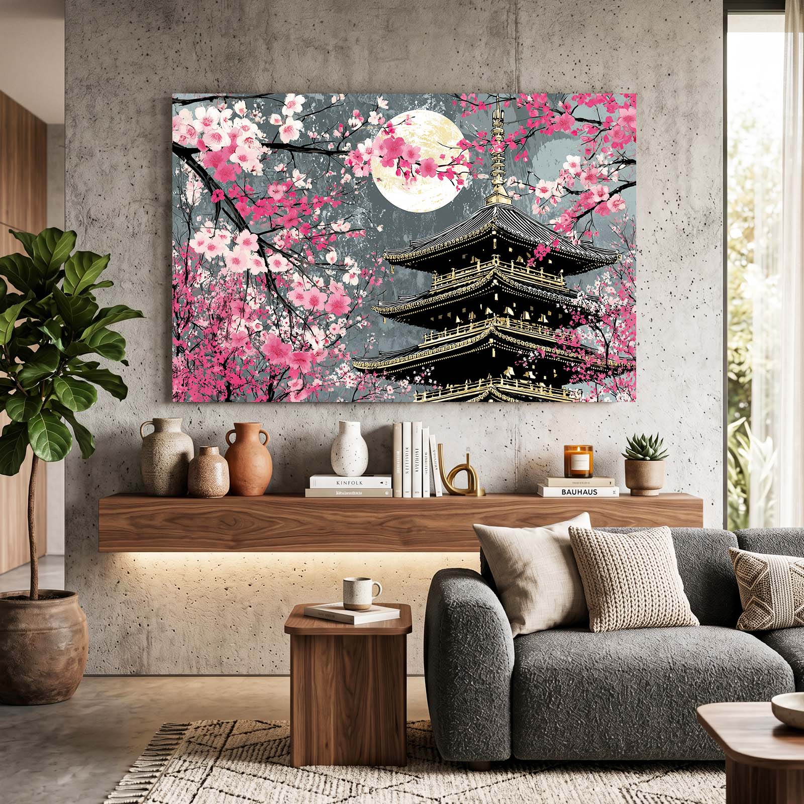 Moonlit Pagoda Tower Cherry Blossom Canvas – styled in a furnished interior