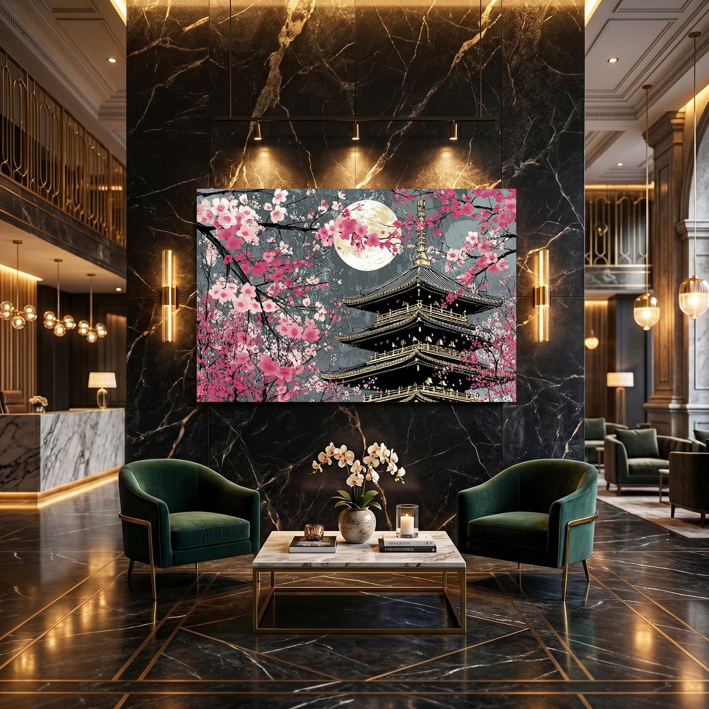 Moonlit Pagoda Tower Cherry Blossom Canvas – styled in a furnished interior