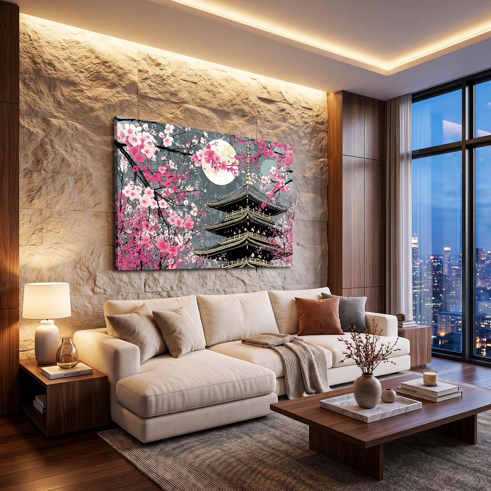 Moonlit Pagoda Tower Cherry Blossom Canvas – styled in a furnished interior