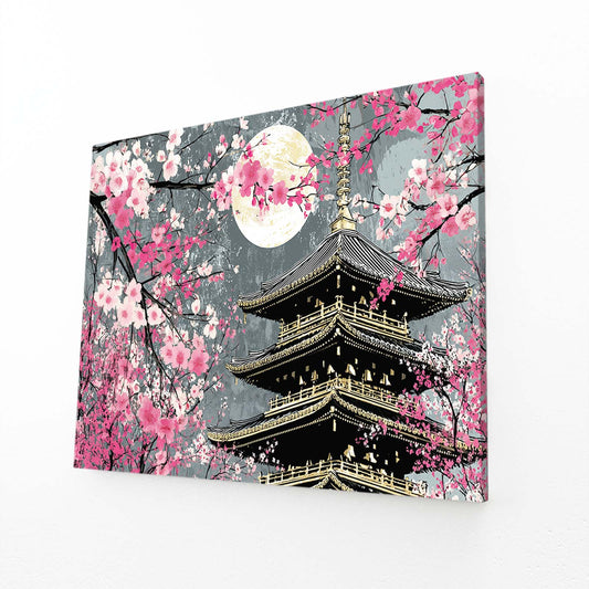 Moonlit Pagoda Tower Cherry Blossom Canvas – angled canvas view on white background