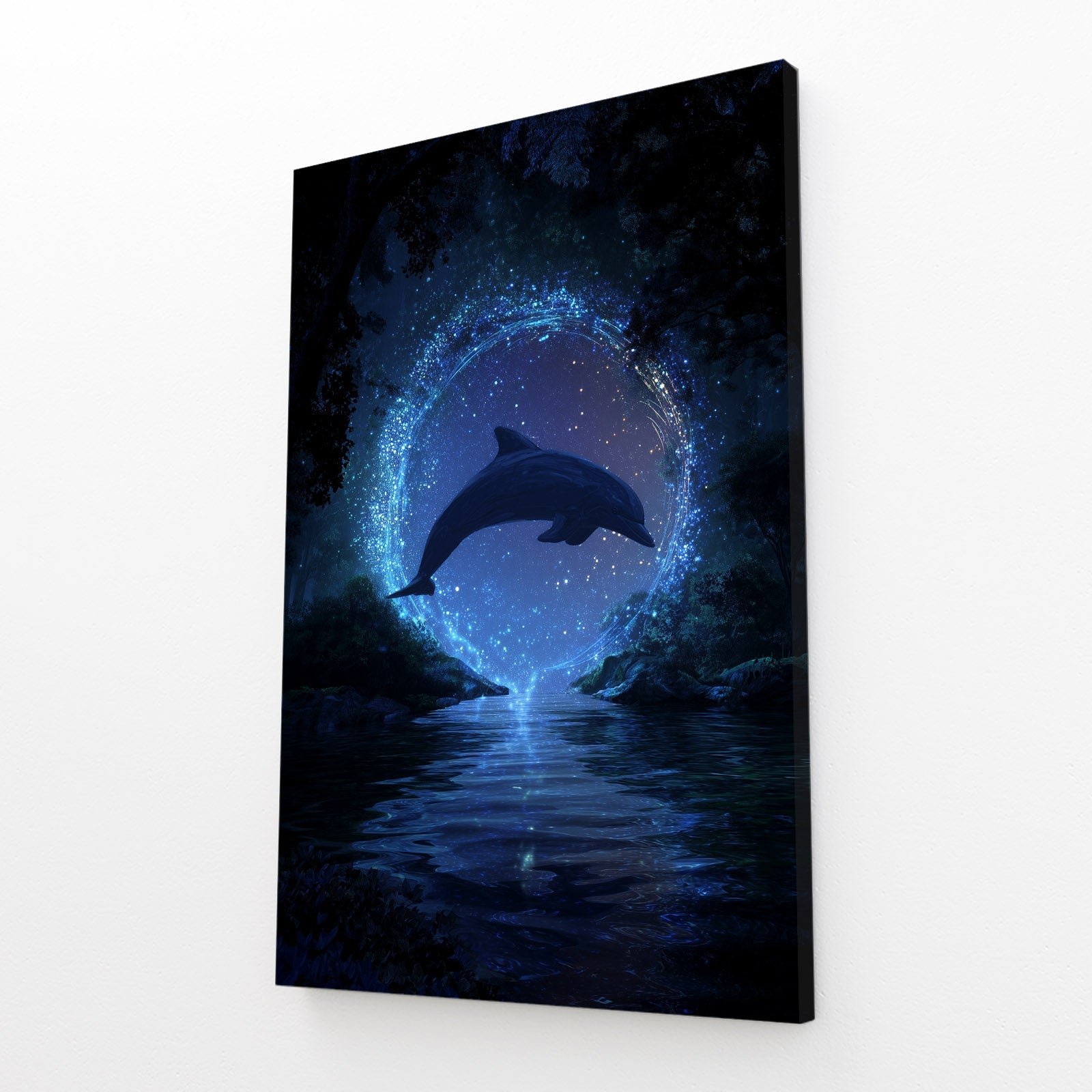 Moonlit Portal Dolphin Wall Art – angled canvas view on white background