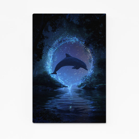 Moonlit Portal Dolphin Wall Art – with Premium Black wood frame on white background