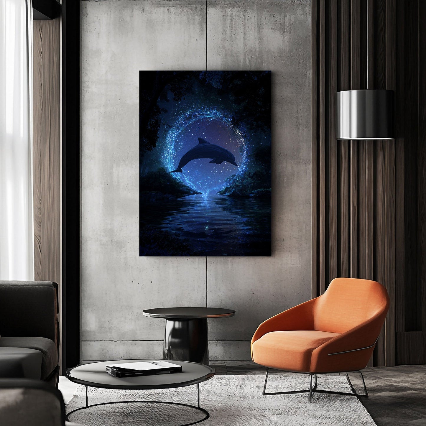 Moonlit Portal Dolphin Wall Art – styled in a furnished interior