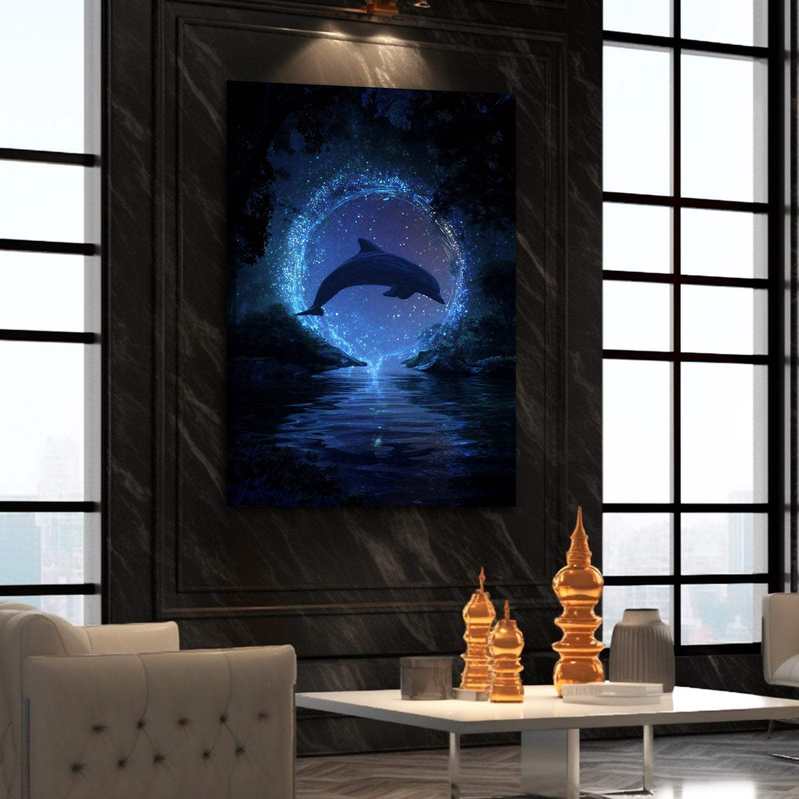 Moonlit Portal Dolphin Wall Art – styled in a furnished interior